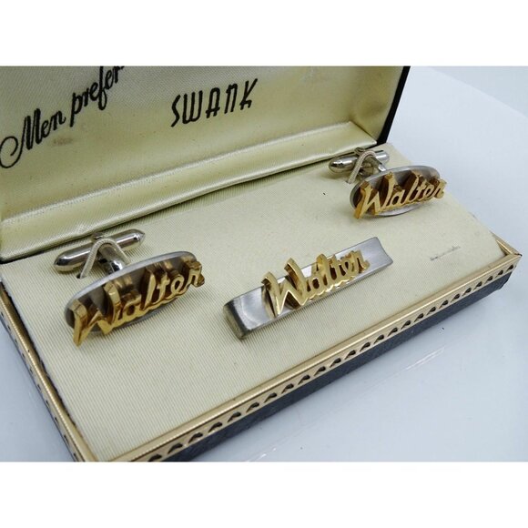 WALTER Name Vintage Cufflinks Tie Clip Bar Set Swank NOS Original Box 1950s - Picture 3 of 7